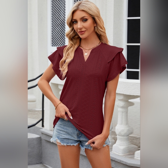 Eyelet Notched Short Sleeve Burgundy T-Shirt Top - Picture 2 of 5